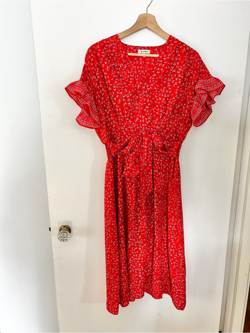 MAX STUDIO Red Ditsy Floral Print Midi Dress Small Cottagecore Prairie Ruffle